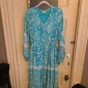 Hemant & Nandita dress blue maxi patterned M tassel long white